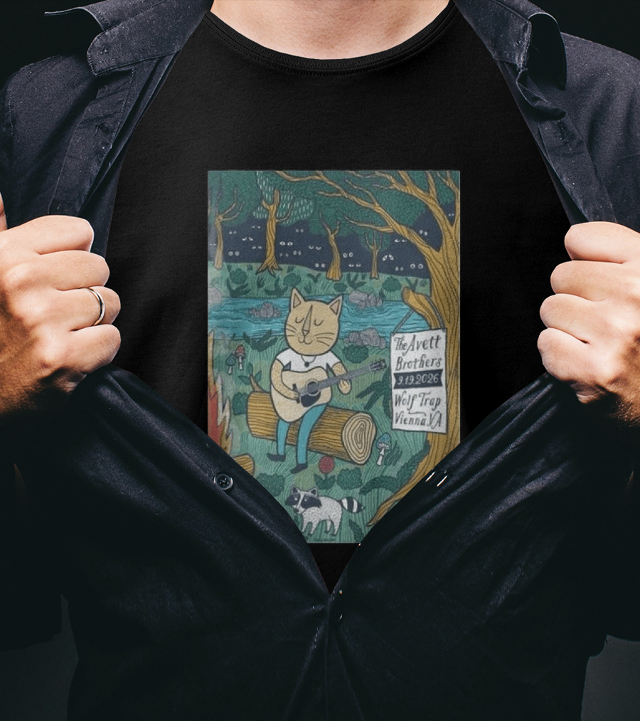 The Avett Brothers Wolf Trap Vienna Virginia 2026 Concert Cat Playing Guitar In Forest Scene T-Shirt