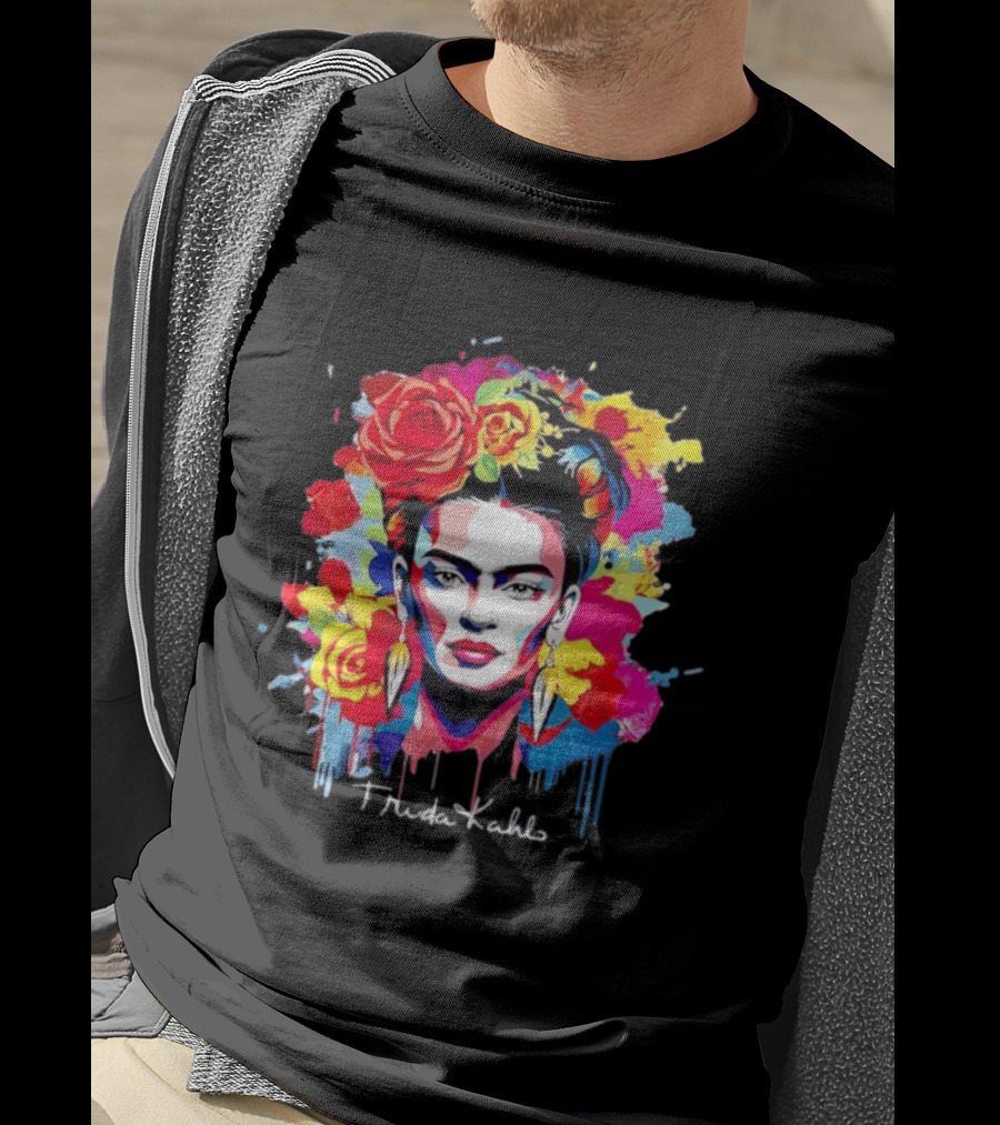 Frida Kahlo Colorful Floral Mexican Artist Vibrant Roses And Dripping Paint T-Shirt