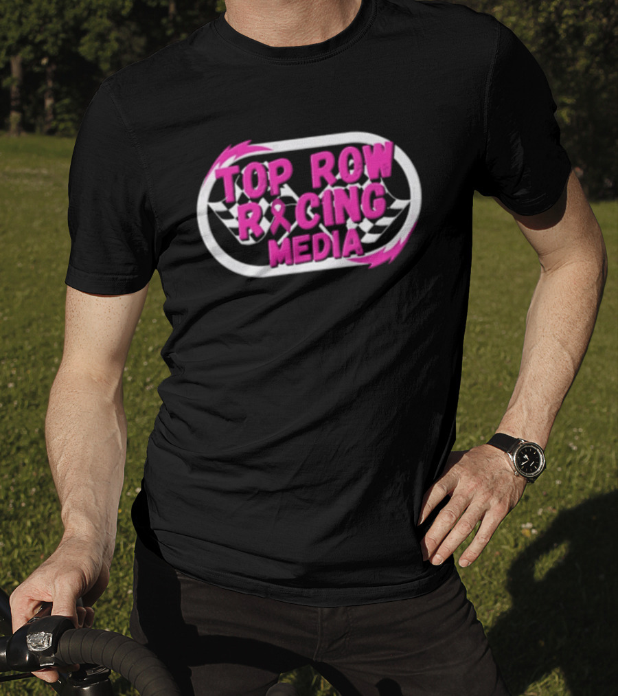 Top Row Racing Media Pink Checkered Flags Ribbon T-Shirt