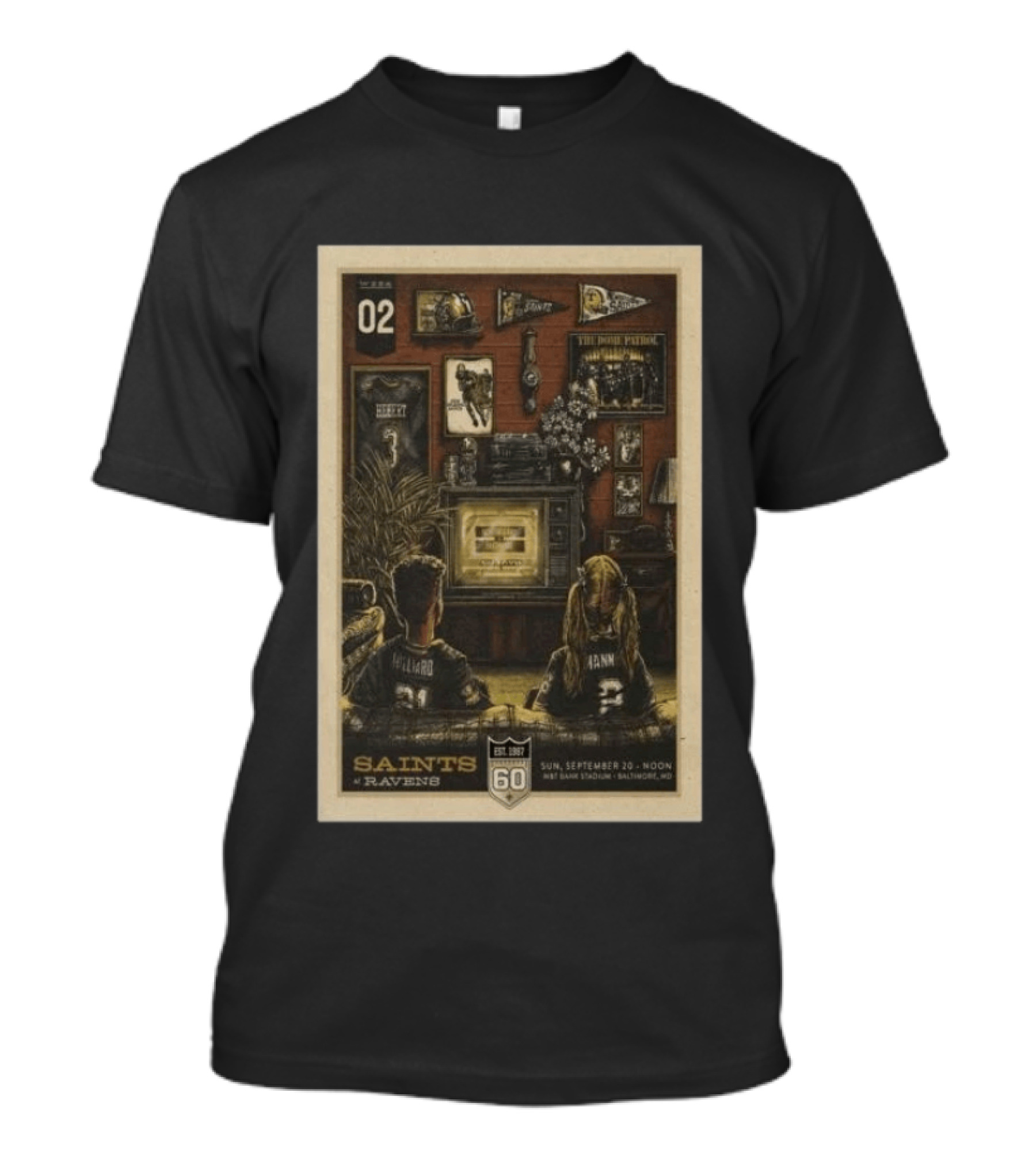 Saints Vs Ravens Week 2 Game Day September 20 2026 Retro Art Baltimore Stadium T-Shirt