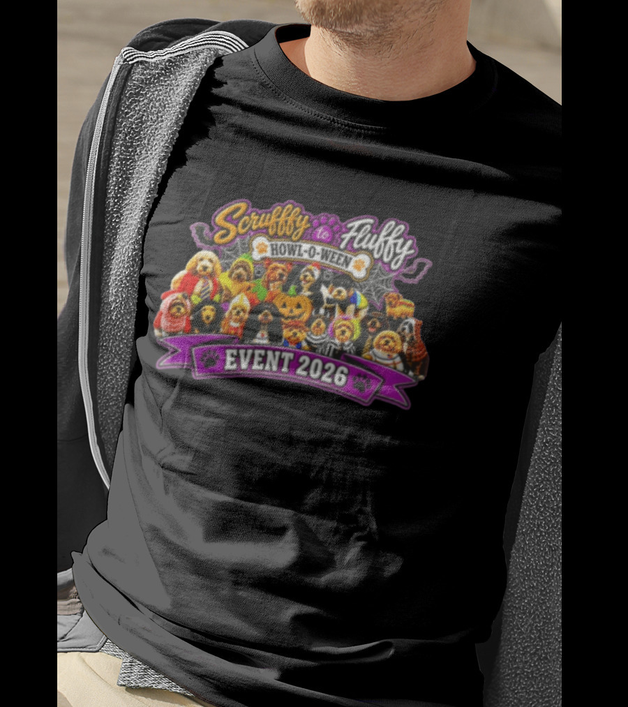 Scruffy To Fluffy Howl O Ween Event 2026 Many Dogs Wearing Halloween Costumes T-Shirt