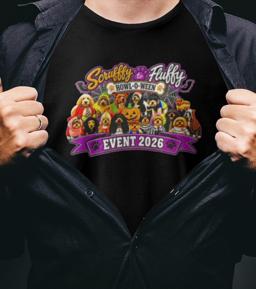 Scruffy To Fluffy Howl O Ween Event 2026 Many Dogs Wearing Halloween Costumes T-Shirt