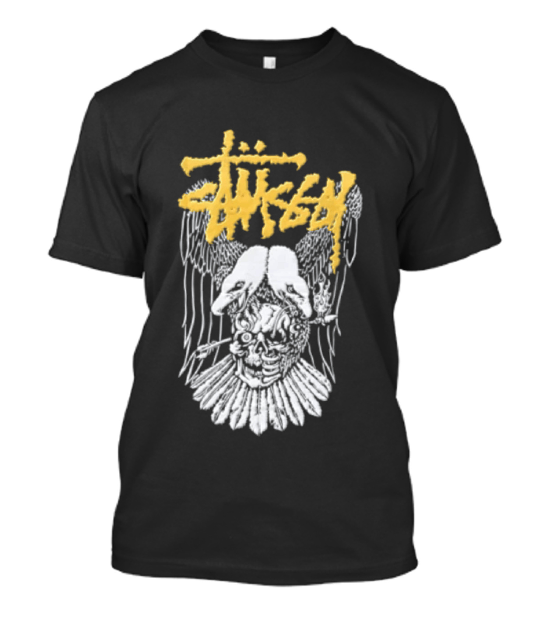 Stussy Two Headed Eagle Skull Yellow Text White Sketch T-Shirt