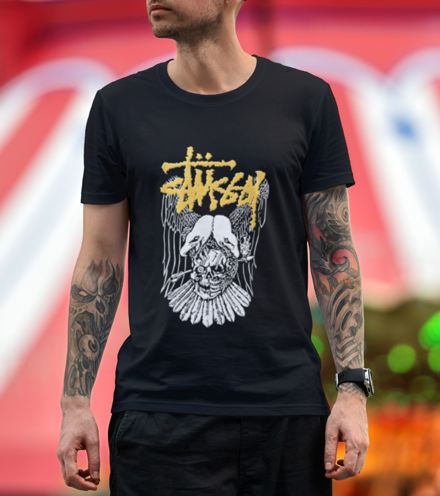Stussy Two Headed Eagle Skull Yellow Text White Sketch T-Shirt