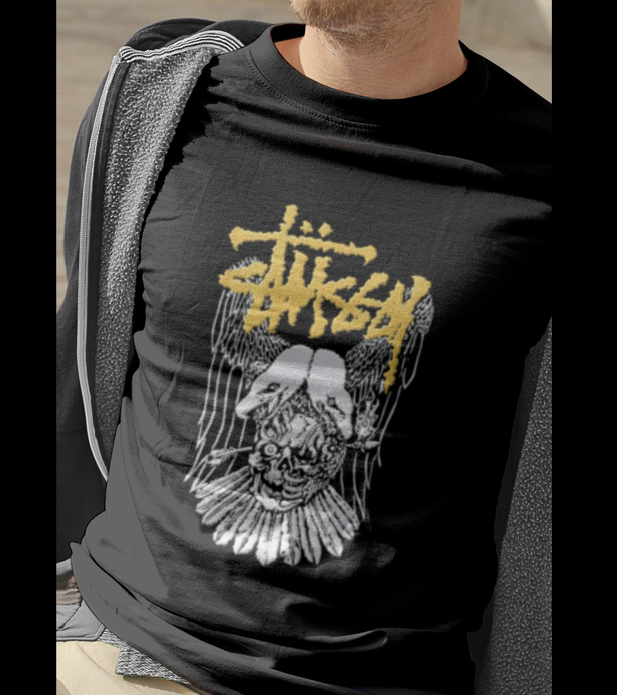 Stussy Two Headed Eagle Skull Yellow Text White Sketch T-Shirt