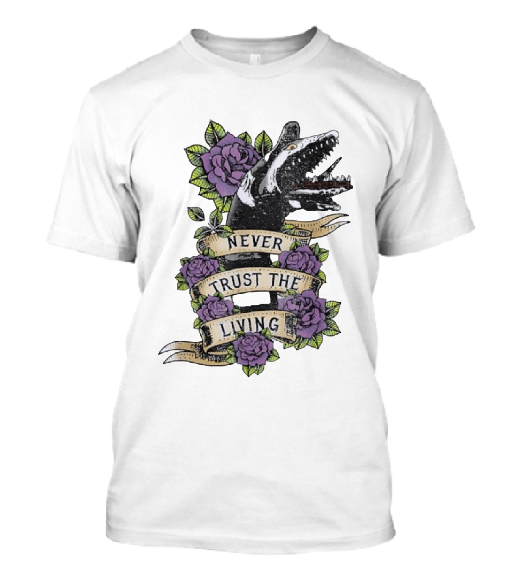 Beetlejuice Never Trust The Living Floral Banner With Sandworm And Purple Roses T-Shirt