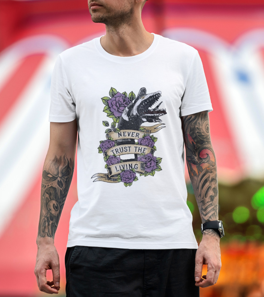 Beetlejuice Never Trust The Living Floral Banner With Sandworm And Purple Roses T-Shirt