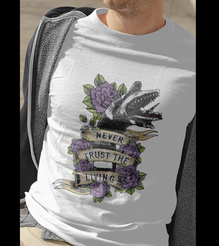 Beetlejuice Never Trust The Living Floral Banner With Sandworm And Purple Roses T-Shirt