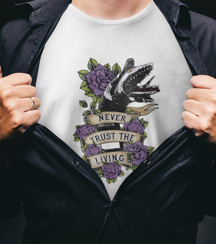 Beetlejuice Never Trust The Living Floral Banner With Sandworm And Purple Roses T-Shirt