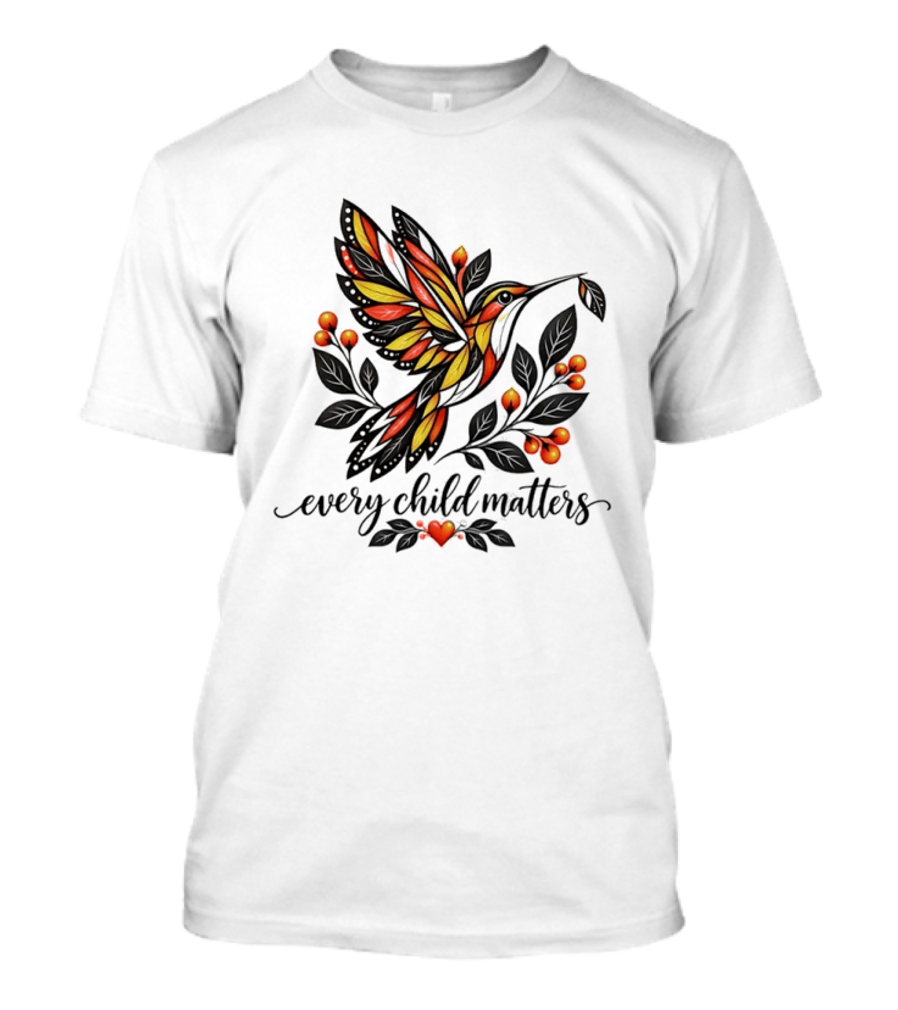 Every Child Matters Hummingbird Orange Awareness Floral Heart T-Shirt