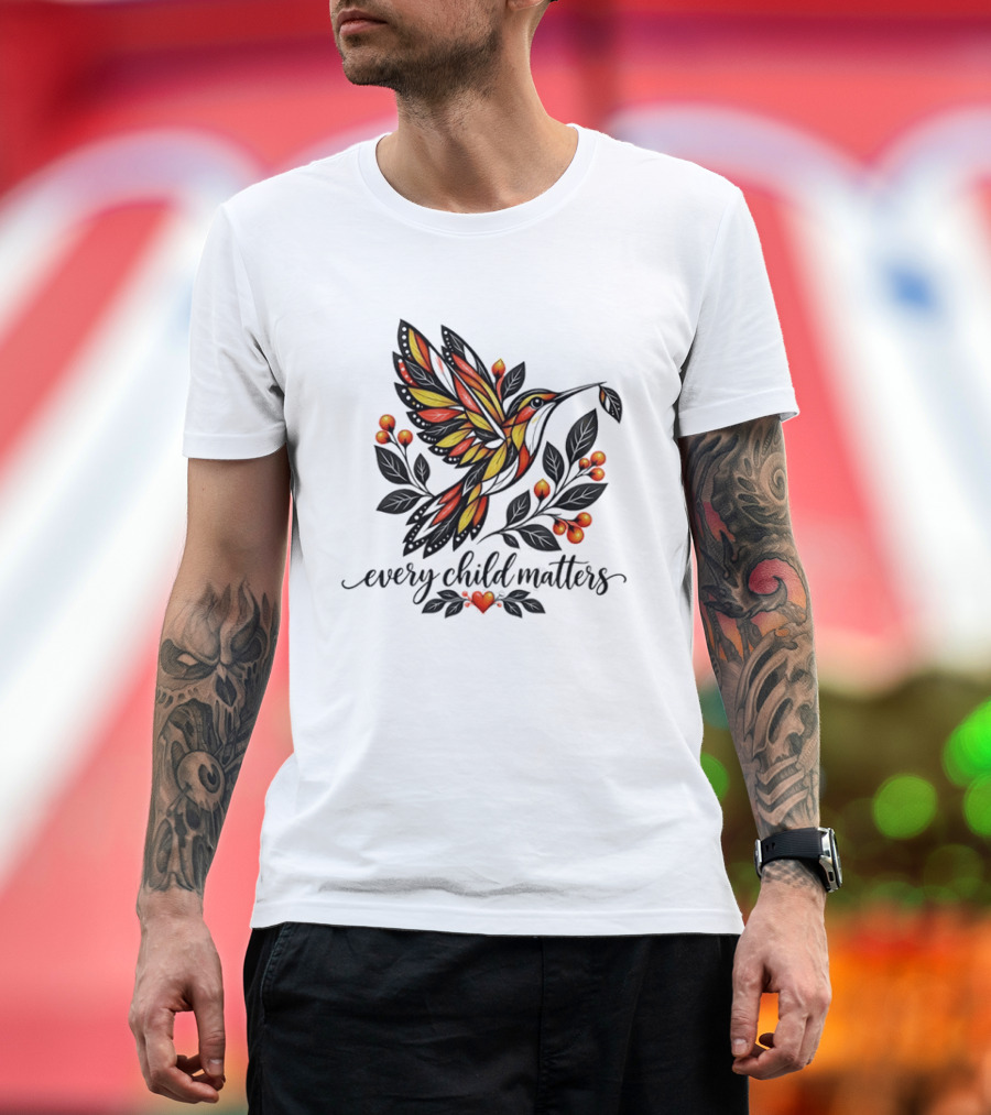 Every Child Matters Hummingbird Orange Awareness Floral Heart T-Shirt
