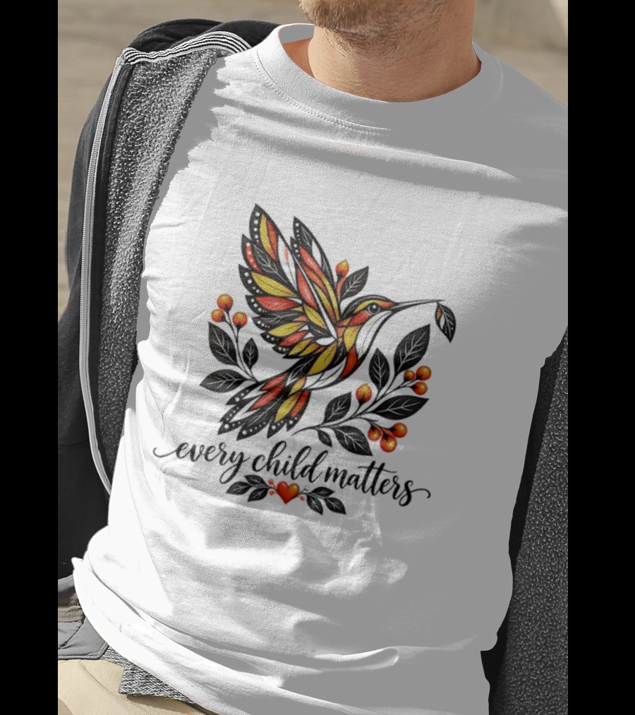 Every Child Matters Hummingbird Orange Awareness Floral Heart T-Shirt