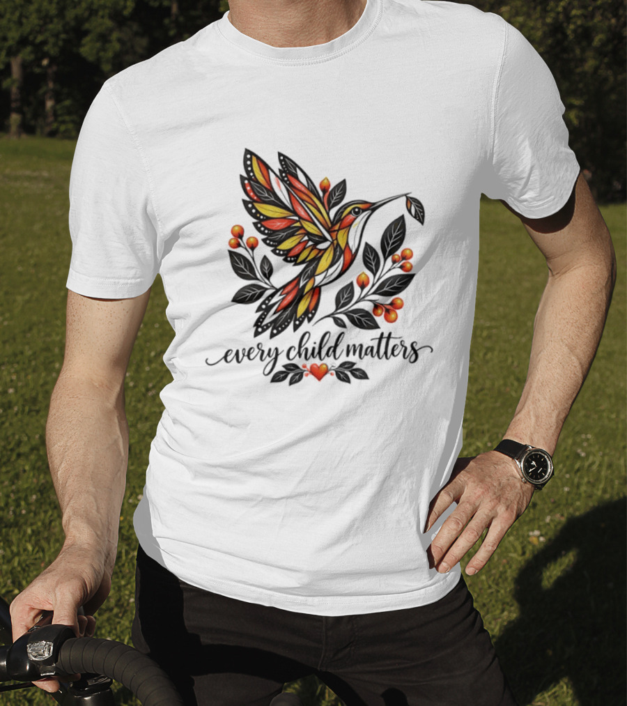 Every Child Matters Hummingbird Orange Awareness Floral Heart T-Shirt