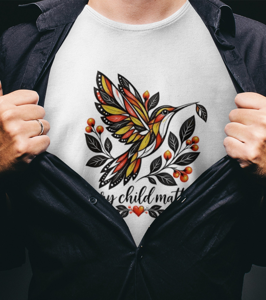 Every Child Matters Hummingbird Orange Awareness Floral Heart T-Shirt