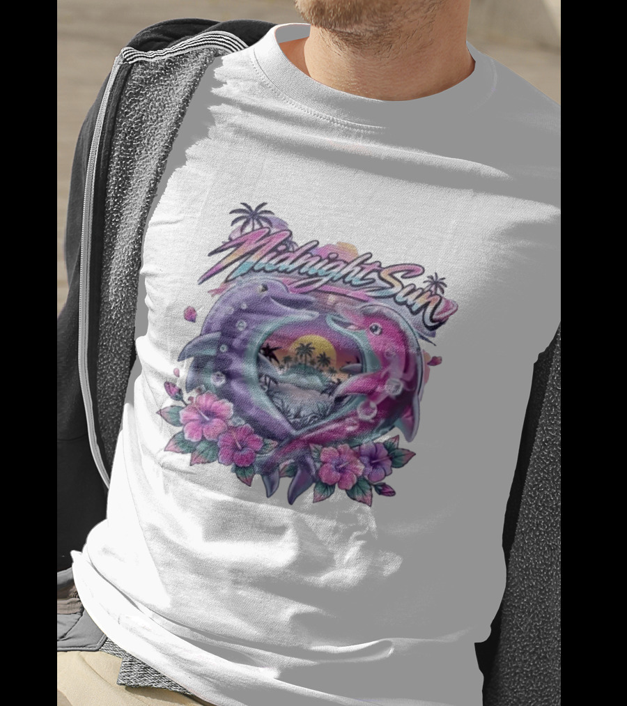 Midnight Sun Heart Dolphins Tropical Sunset T-Shirt