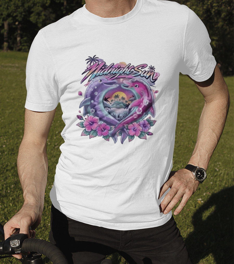 Midnight Sun Heart Dolphins Tropical Sunset T-Shirt