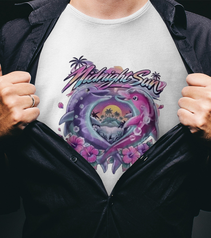 Midnight Sun Heart Dolphins Tropical Sunset T-Shirt