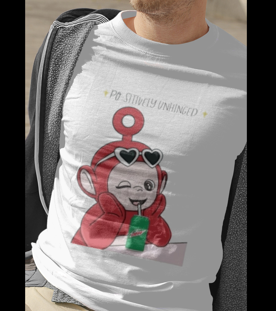 Po Sitively Unhinged Funny Red Teletubby Heart Sunglasses Drinking Mtn Dew T-Shirt