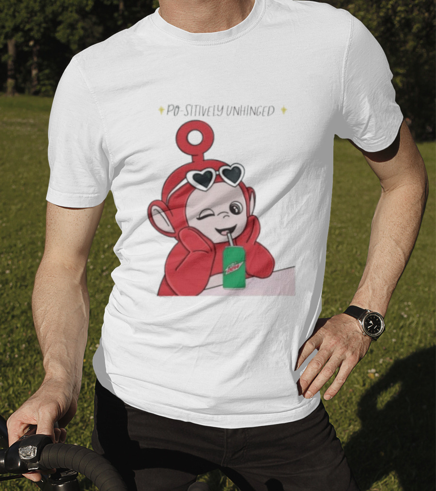 Po Sitively Unhinged Funny Red Teletubby Heart Sunglasses Drinking Mtn Dew T-Shirt