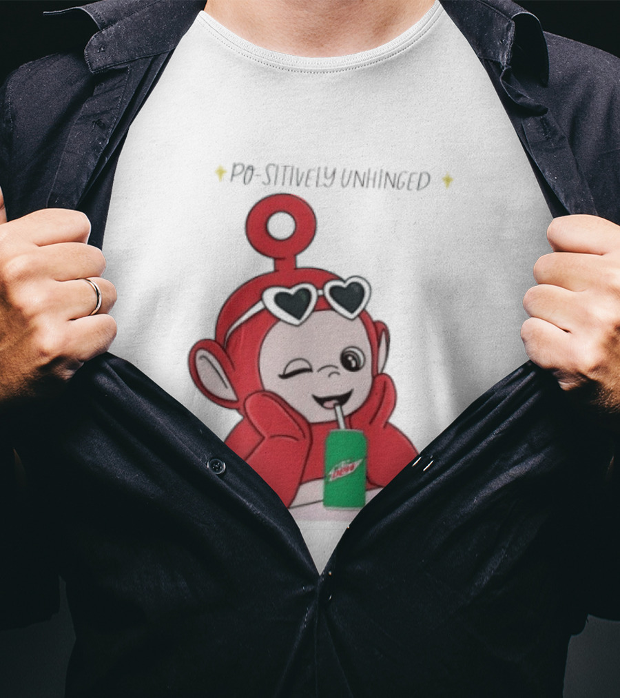Po Sitively Unhinged Funny Red Teletubby Heart Sunglasses Drinking Mtn Dew T-Shirt