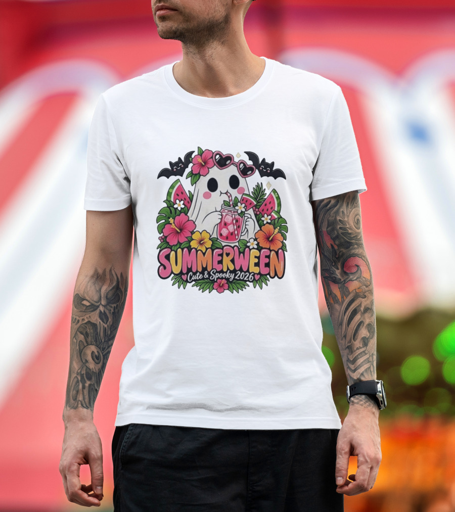 Summerween Cute And Spooky 2026 Ghost With Tropical Flowers And Bats T-Shirt
