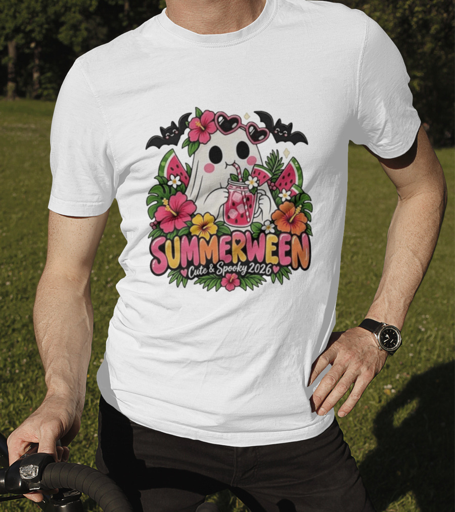 Summerween Cute And Spooky 2026 Ghost With Tropical Flowers And Bats T-Shirt