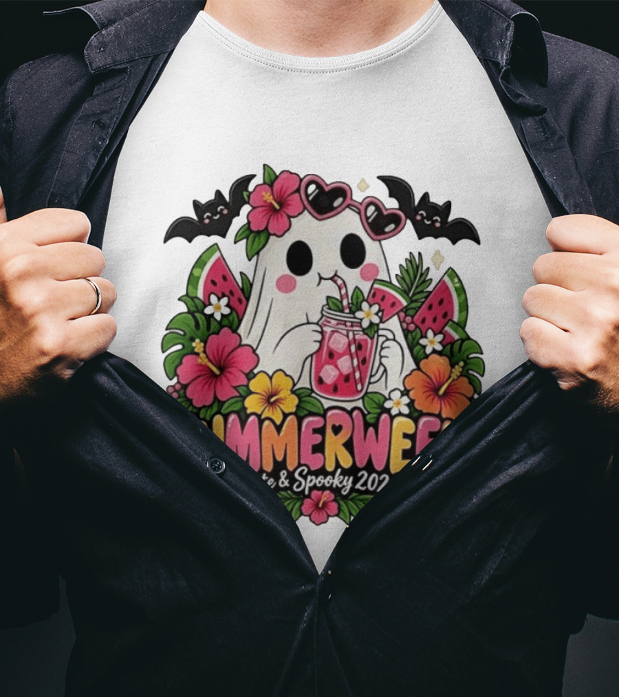 Summerween Cute And Spooky 2026 Ghost With Tropical Flowers And Bats T-Shirt