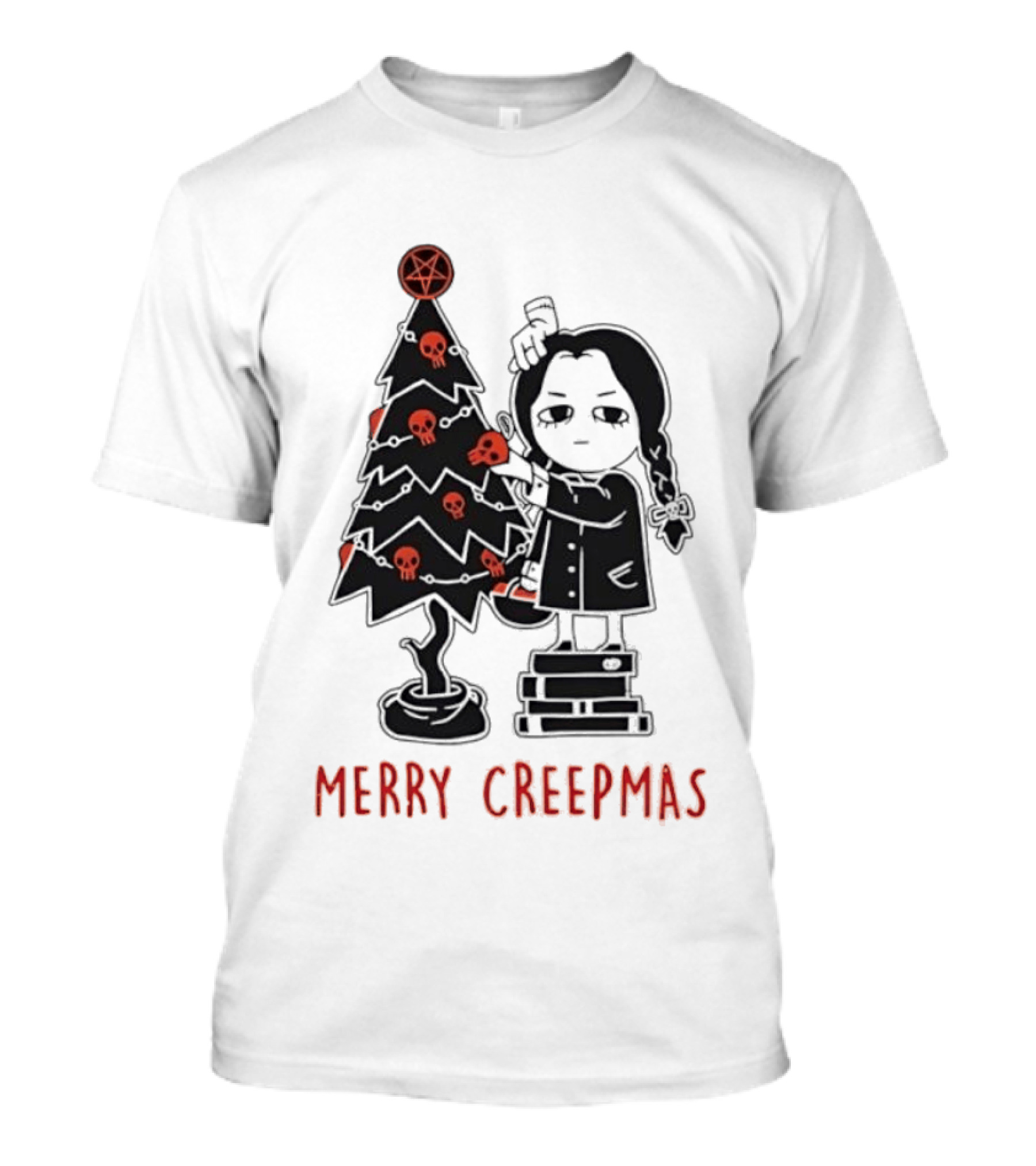 Wednesday Addams Merry Creepmas Goth Christmas Skulls Tree T-Shirt