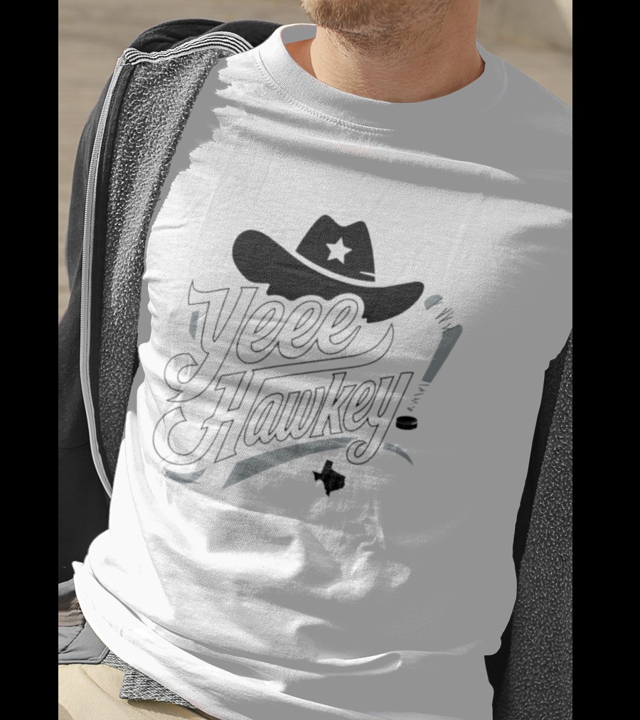 Texas Cowboy Hockey Yeee Hawkey With Star Hat And Sticks T-Shirt
