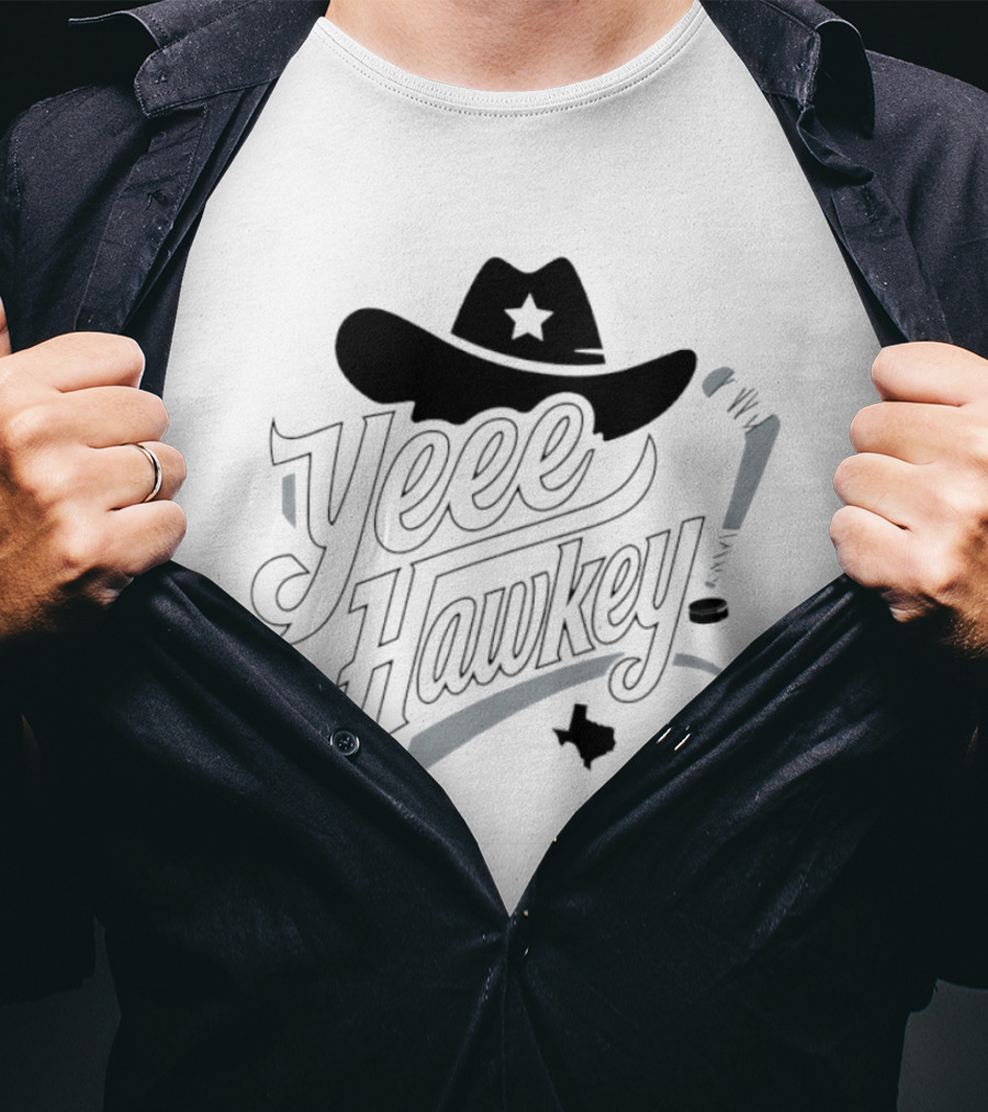 Texas Cowboy Hockey Yeee Hawkey With Star Hat And Sticks T-Shirt