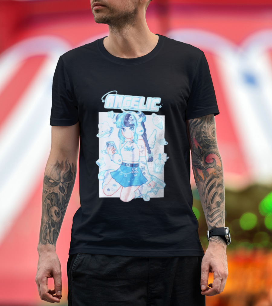 Angelic Anime Girl Halo Wings Headphones Cute Aesthetic Kawaii T-Shirt