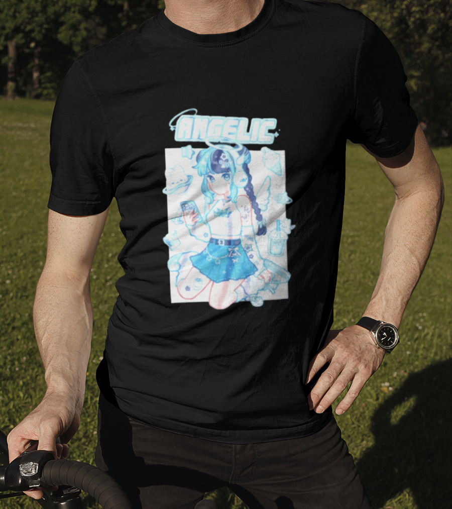 Angelic Anime Girl Halo Wings Headphones Cute Aesthetic Kawaii T-Shirt