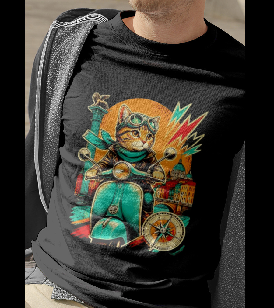 Cat On Scooter Adventure In Venice With Vibrant Cityscape And Compass T-Shirt