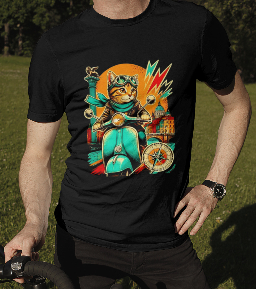 Cat On Scooter Adventure In Venice With Vibrant Cityscape And Compass T-Shirt