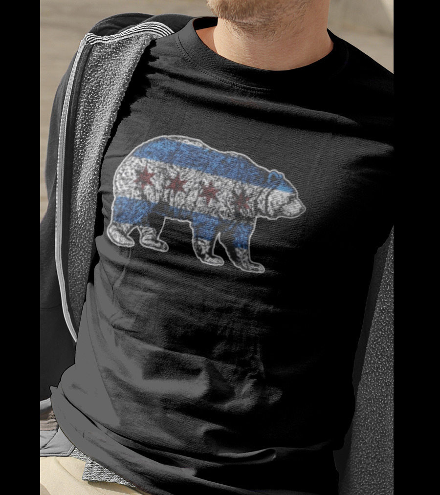 Chicago Bears Grizzly Bear Chicago Flag Stars Blue Stripes T-Shirt
