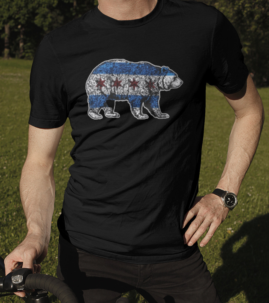 Chicago Bears Grizzly Bear Chicago Flag Stars Blue Stripes T-Shirt