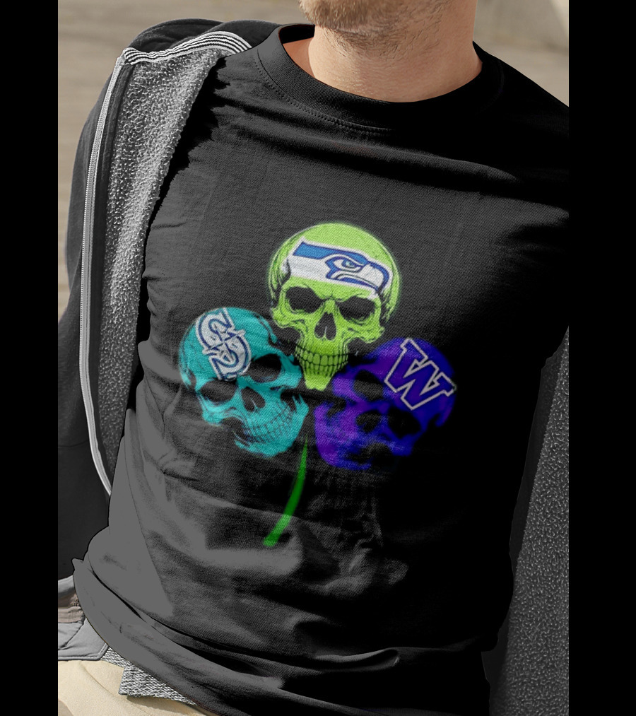 Seattle Seahawks Mariners Washington Huskies Shamrock Skulls T-Shirt