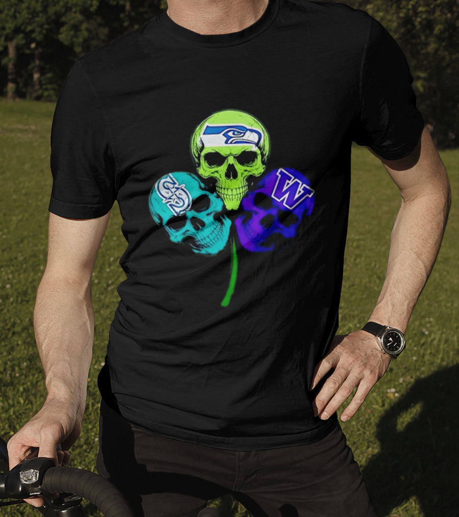 Seattle Seahawks Mariners Washington Huskies Shamrock Skulls T-Shirt