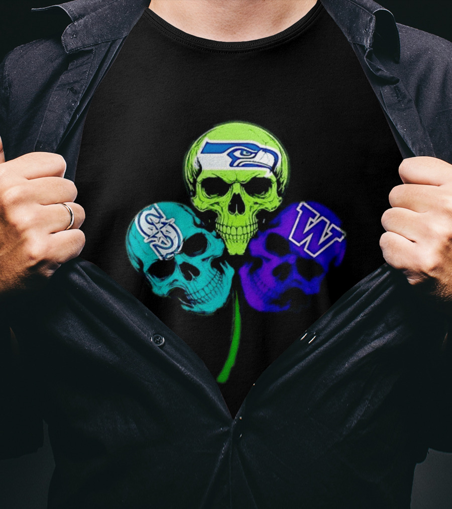 Seattle Seahawks Mariners Washington Huskies Shamrock Skulls T-Shirt