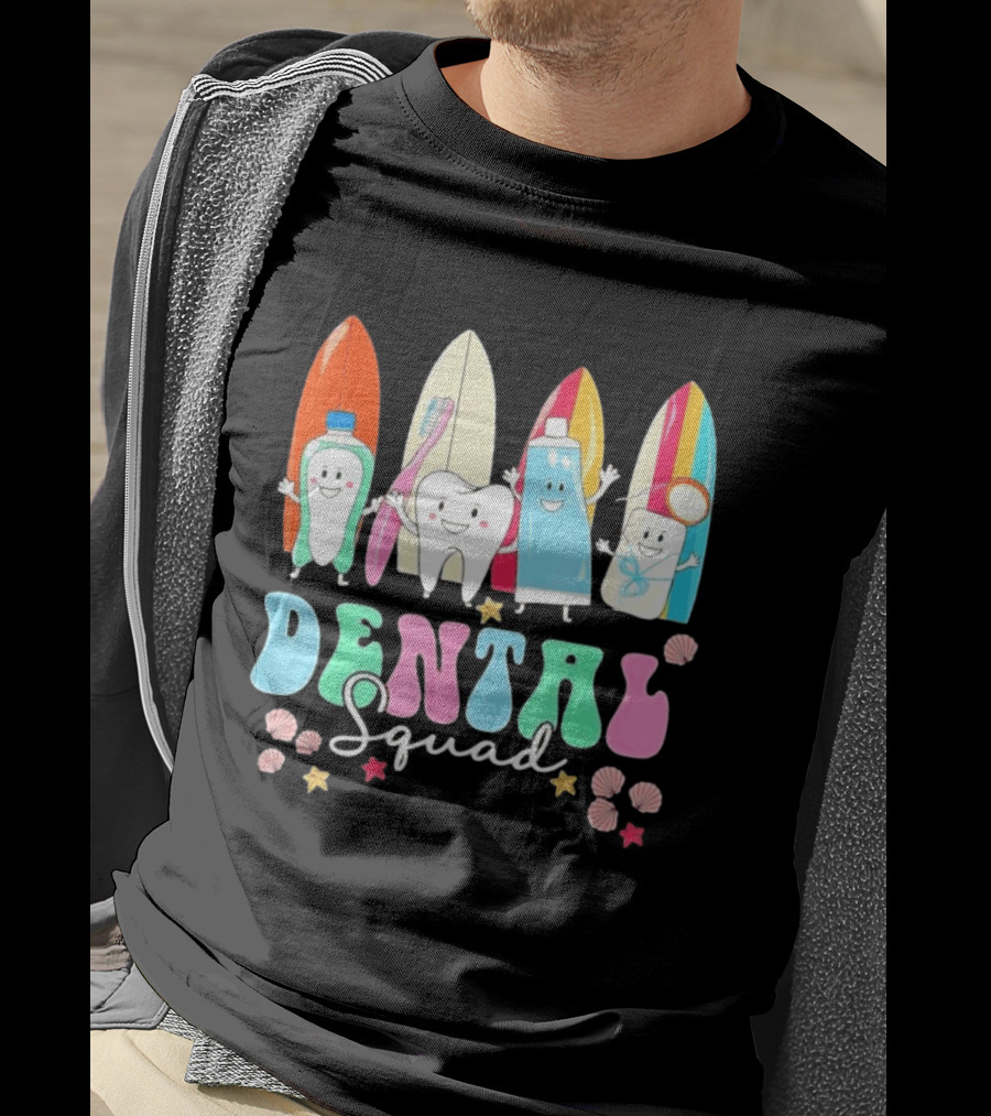 Dental Squad Toothpaste Toothbrush Floss Surfboards Fun Playful T-Shirt