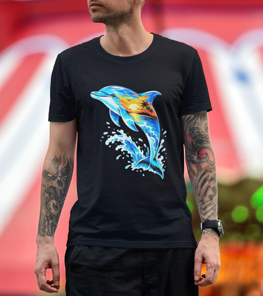 Tropical Sunset Dolphin Ocean Wave Marine Life Scene T-Shirt