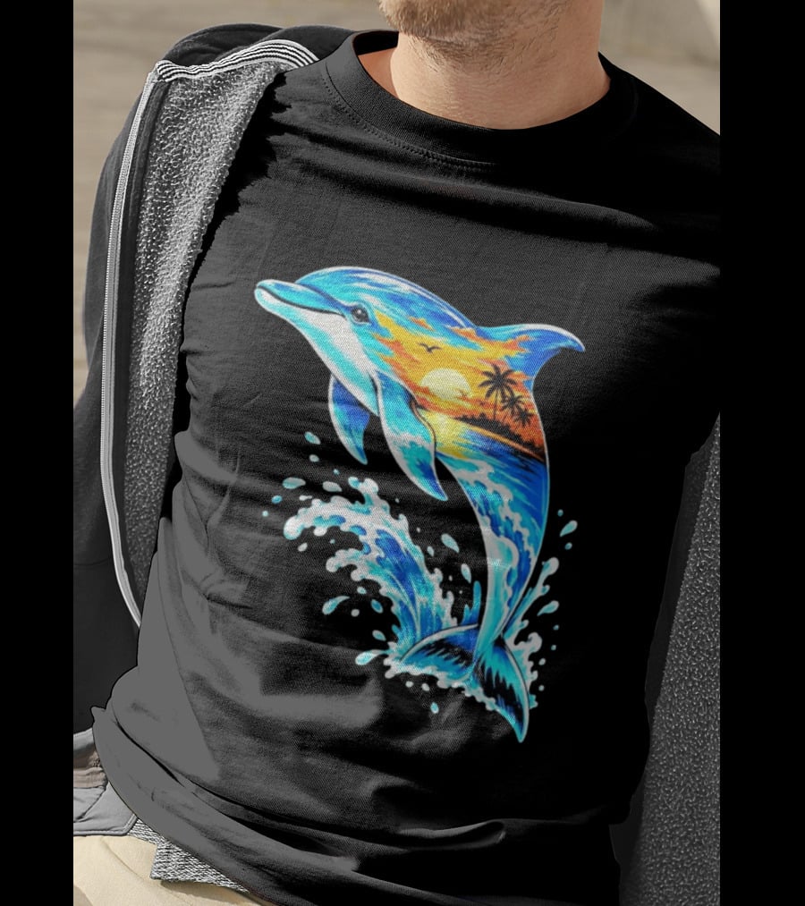 Tropical Sunset Dolphin Ocean Wave Marine Life Scene T-Shirt
