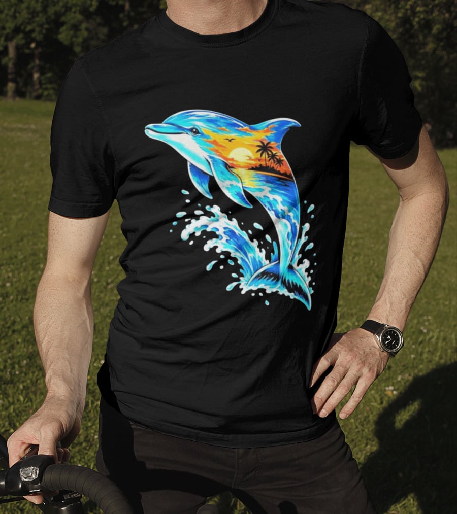 Tropical Sunset Dolphin Ocean Wave Marine Life Scene T-Shirt
