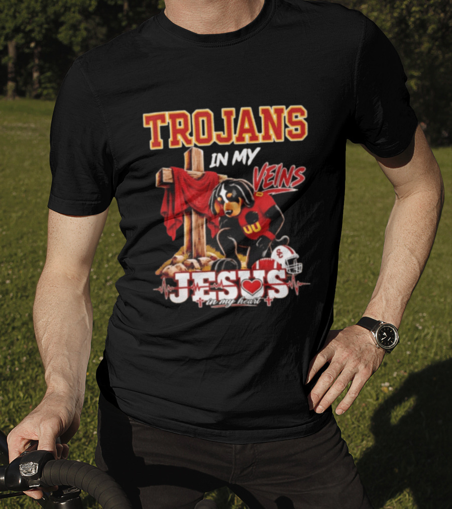 Trojans In My Veins Jesus In My Heart USC Football Faithful Dog T-Shirt