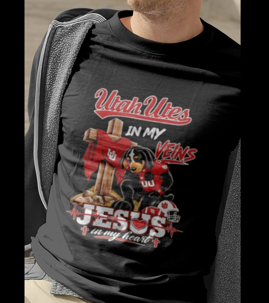 Utah Utes Faith Dog Jesus In My Heart Football Veins T-Shirt