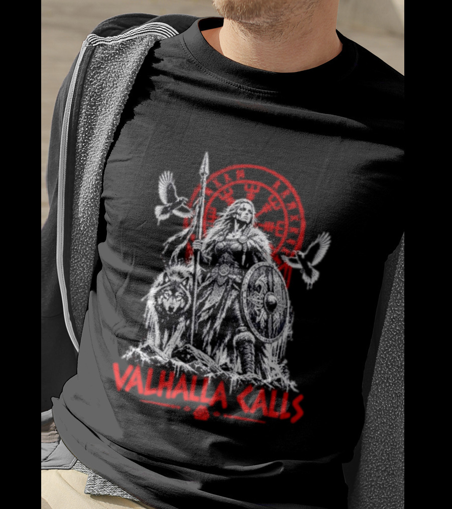 Valhalla Calls Viking Warrior With Wolf Ravens Spear Shield Nordic Rune Wheel T-Shirt