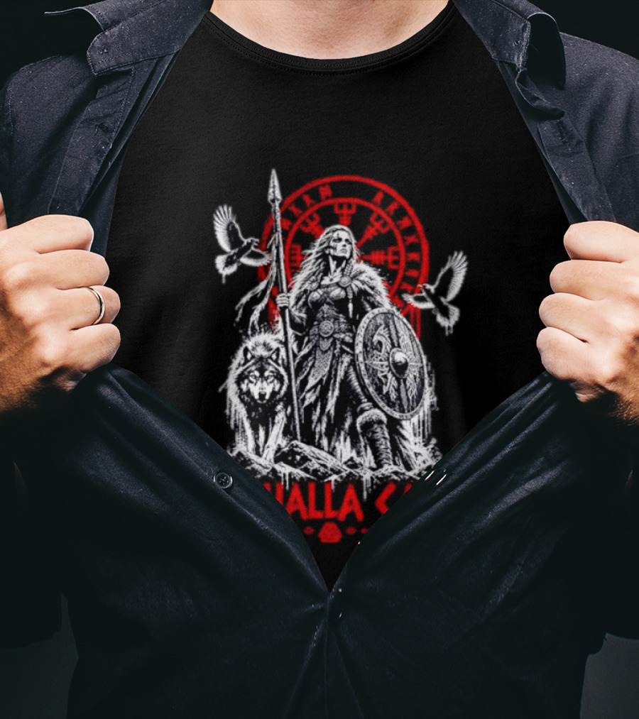 Valhalla Calls Viking Warrior With Wolf Ravens Spear Shield Nordic Rune Wheel T-Shirt