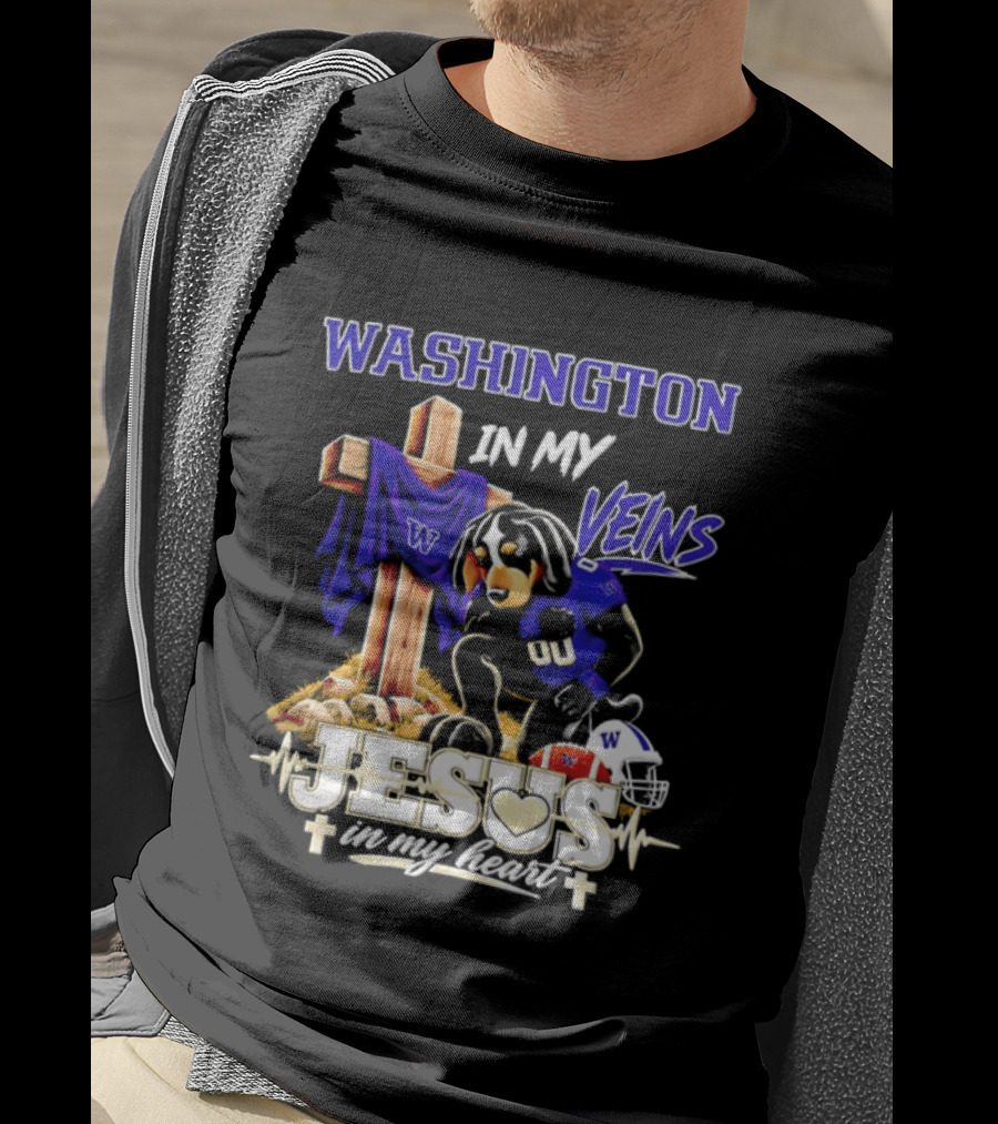 Washington Huskies Football Jesus In My Heart Dog In My Veins Faith T-Shirt