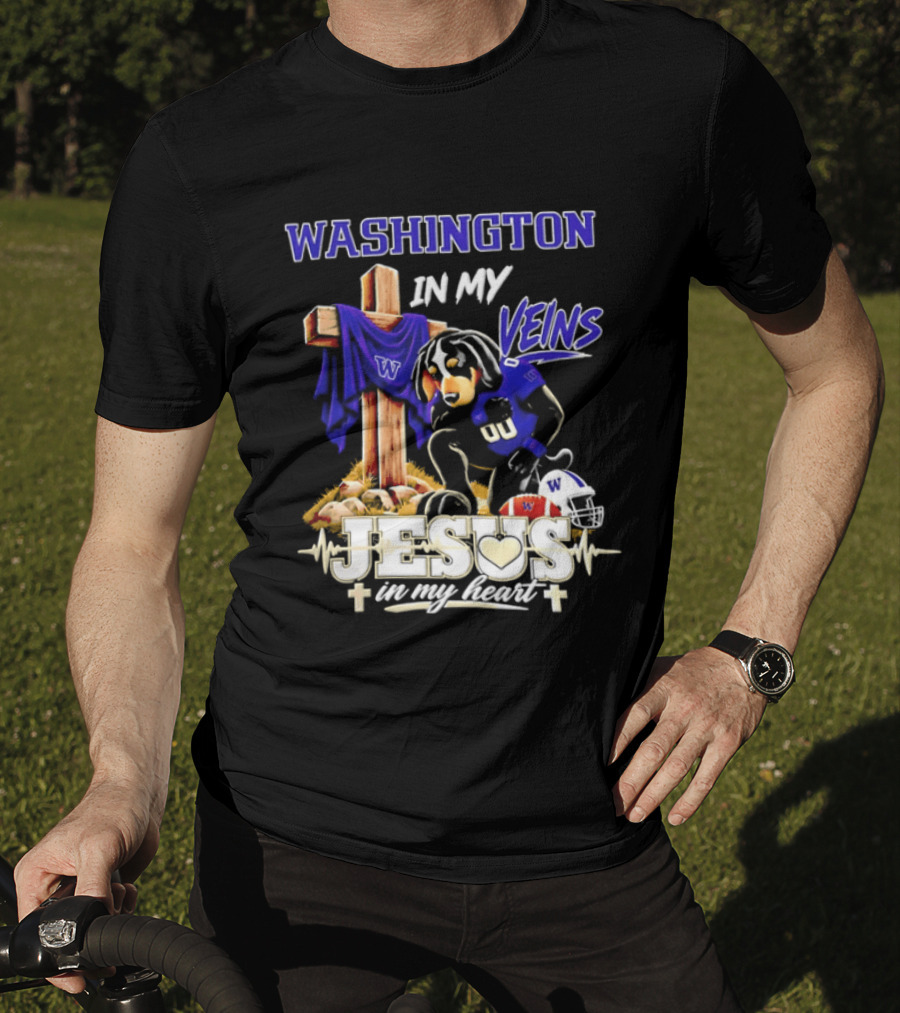 Washington Huskies Football Jesus In My Heart Dog In My Veins Faith T-Shirt