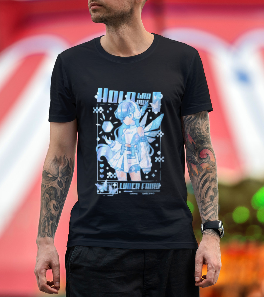 Holographic Cyber Fairy Game Loading Anime Girl Headphones Wings Butterflies Cube T-Shirt